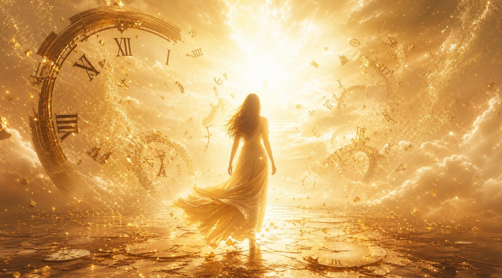 Woman walking toward radiant light through a golden celestial landscape with a dissolving clock, symbolizing a journey from time into eternity and spiritual transformation