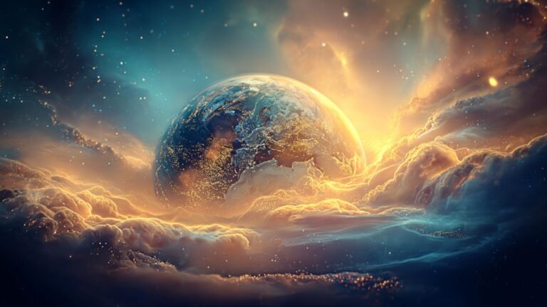 A radiant Earth surrounded by glowing heavenly clouds, golden divine light, and cosmic stars in a celestial atmosphere of creation and wonder.
