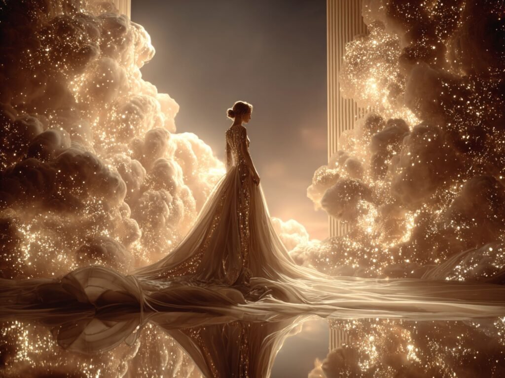 Ethereal woman surrounded by glowing golden clouds and celestial light reflected on a luminous surface in a contemplative heavenly atmosphere.