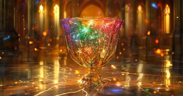 A radiant rainbow-colored chalice glowing with heavenly light inside a sacred cathedral atmosphere, symbolizing divine communion, spiritual transformation, and Heavenly Nectar.