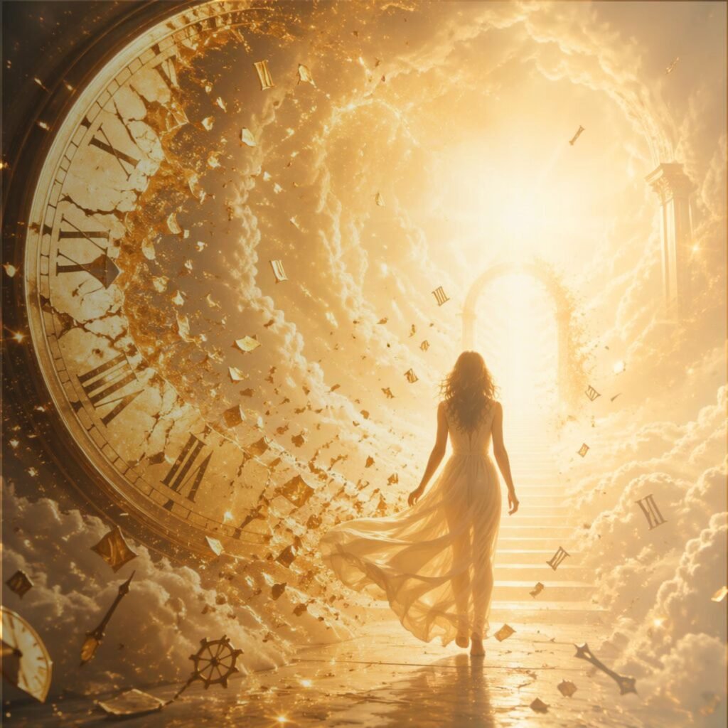 Woman walking toward radiant light through broken clock, symbol of transformation, eternity and spiritual awakening beyond time
