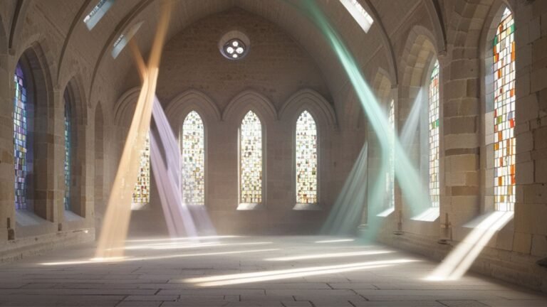 Soft radiant beams of light streaming through stained glass windows into a quiet cathedral, symbolizing transformation, contemplation, peace, and the presence of God.