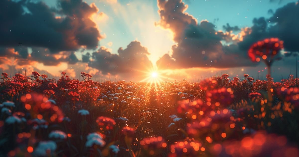 A glowing sunset over a dreamy field of red wildflowers beneath dramatic clouds and radiant heavenly light.