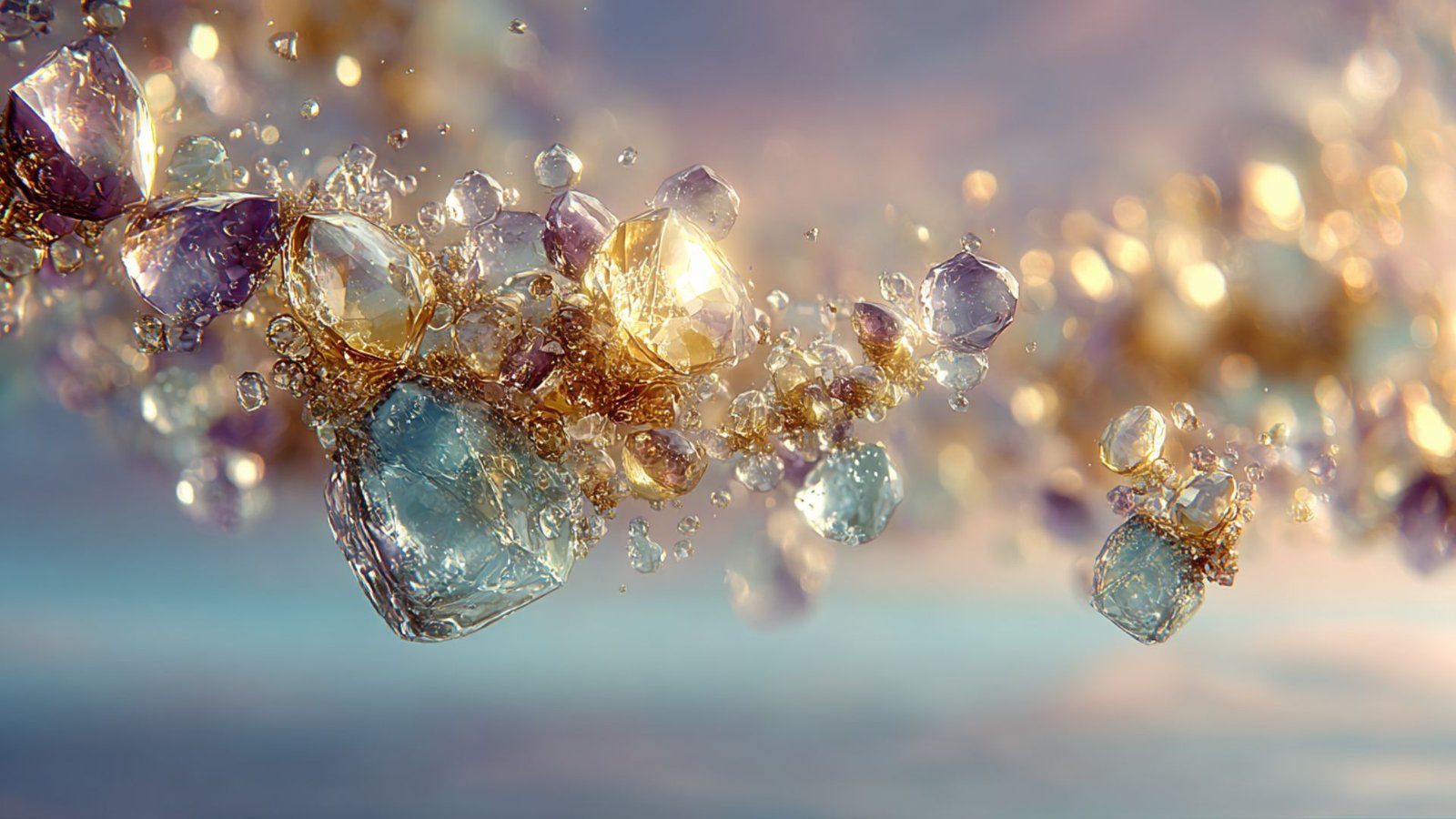 Glowing heavenly crystals surrounded by golden light particles in a soft ethereal atmosphere inspired by Paradise, contemplative beauty, and sacred artistic expression.