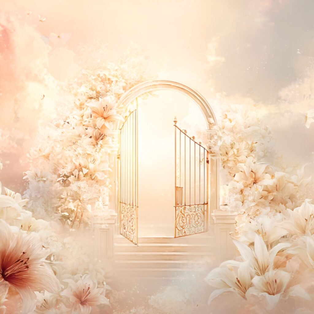 Open heavenly gates surrounded by white flowers and golden light, symbol of peace, purity and divine invitation