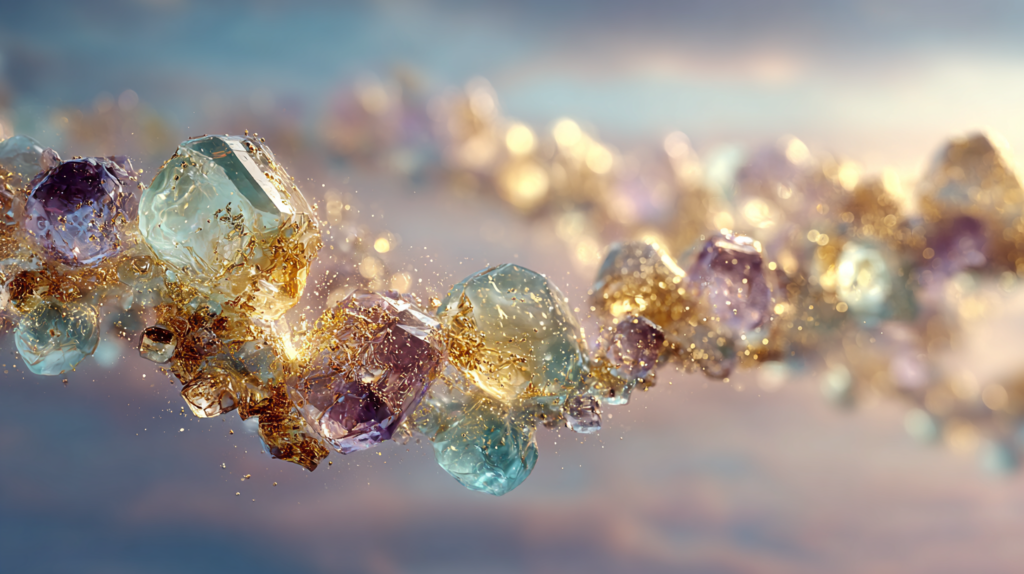 Luminous heavenly gemstones and pearls floating within a stream of golden light, surrounded by a soft atmosphere of beauty, wisdom, and eternity.