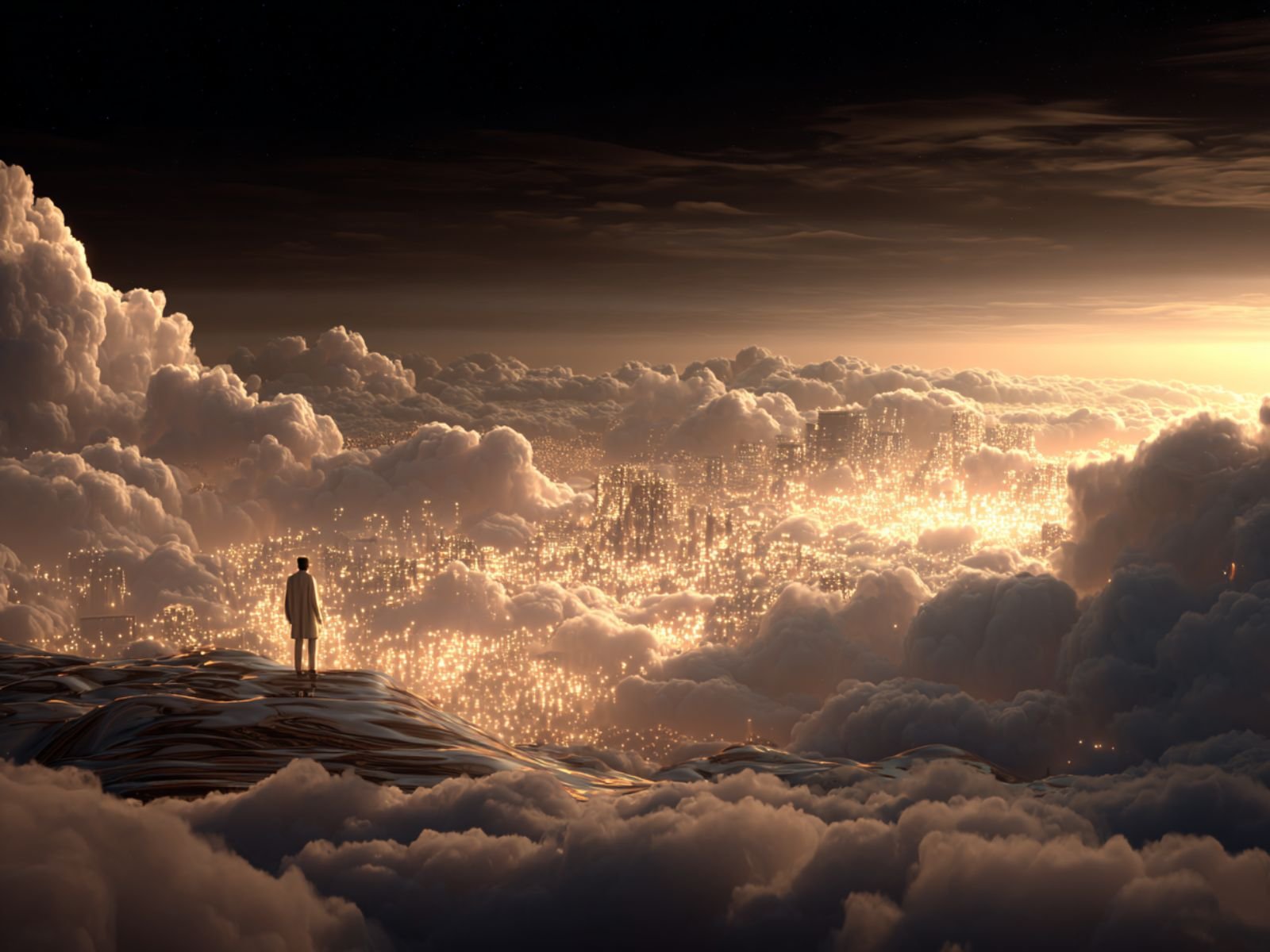 A contemplative figure standing above glowing clouds overlooking a radiant heavenly city filled with golden light, symbolizing inner freedom, detachment from visible realities, and spiritual stillness.