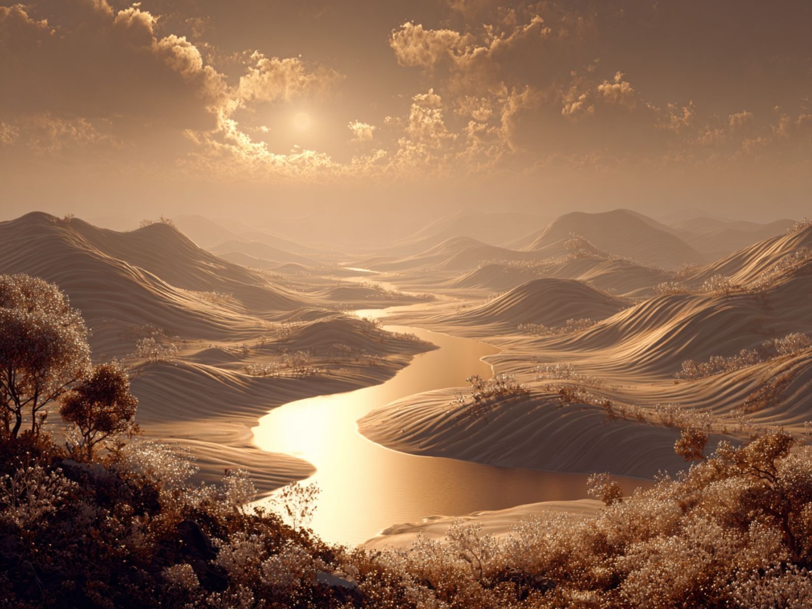 A luminous golden landscape with flowing rivers and harmonious hills beneath radiant heavenly light, symbolizing inner unity between heart, mind, will, and senses on the New Earth.