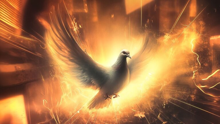 A radiant white dove surrounded by golden divine light and spiritual energy, symbolizing heavenly peace, awakening, grace, and the presence of God.