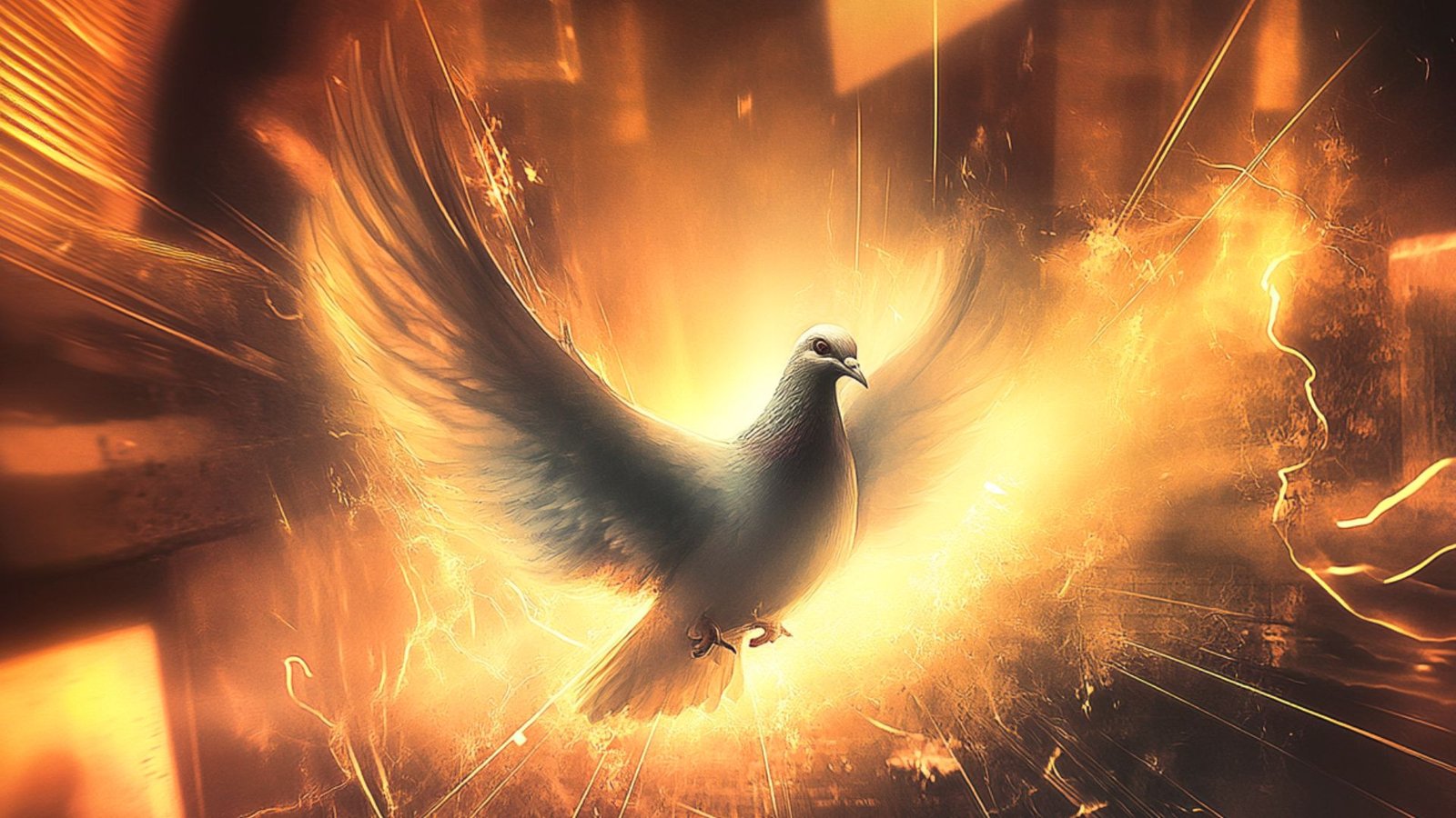 A radiant white dove surrounded by golden divine light and spiritual energy, symbolizing heavenly peace, awakening, grace, and the presence of God.