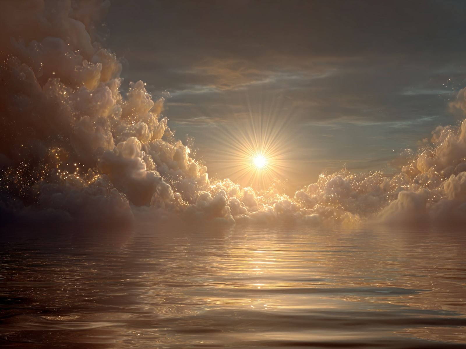 Radiant morning light emerging through glowing celestial clouds above calm reflective waters, symbolizing harmony between the human heart and the perception of life.