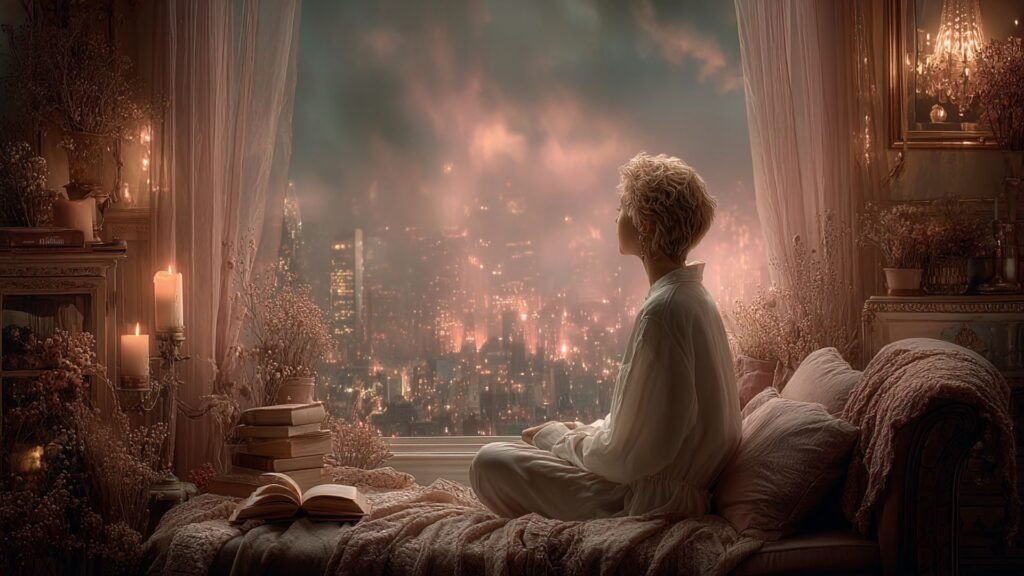 A woman dressed in light clothing sits by a window overlooking a glowing city at night, surrounded by books and candles, immersed in contemplation, prayer, and quiet reflection.