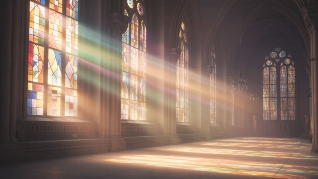 Sunlight streaming through colorful stained-glass windows of a majestic cathedral, filling the space with soft light, color, and an atmosphere of contemplation.