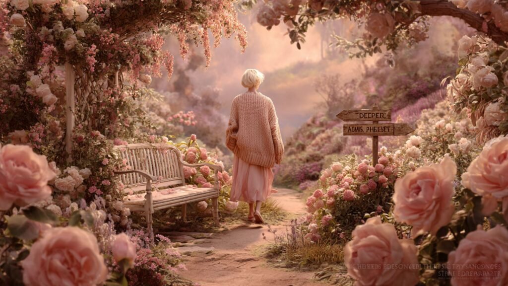 A woman walks along a blooming garden path surrounded by roses and floral arches, moving toward an opening path that symbolizes guidance, hope, and a new direction in life.