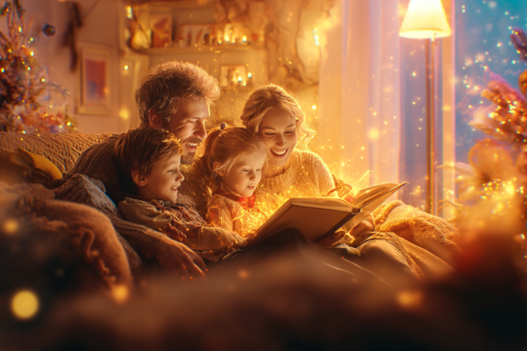 A joyful family reading together in a warm glowing room filled with golden light, peaceful atmosphere, and magical heavenly wonder.