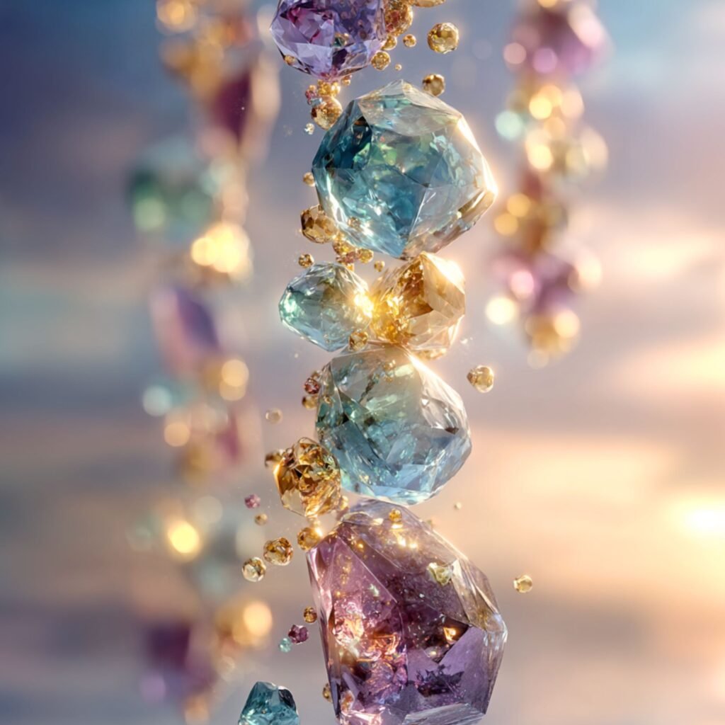 Glowing gemstones with golden light, symbol of inner transformation, spiritual clarity and divine refinement