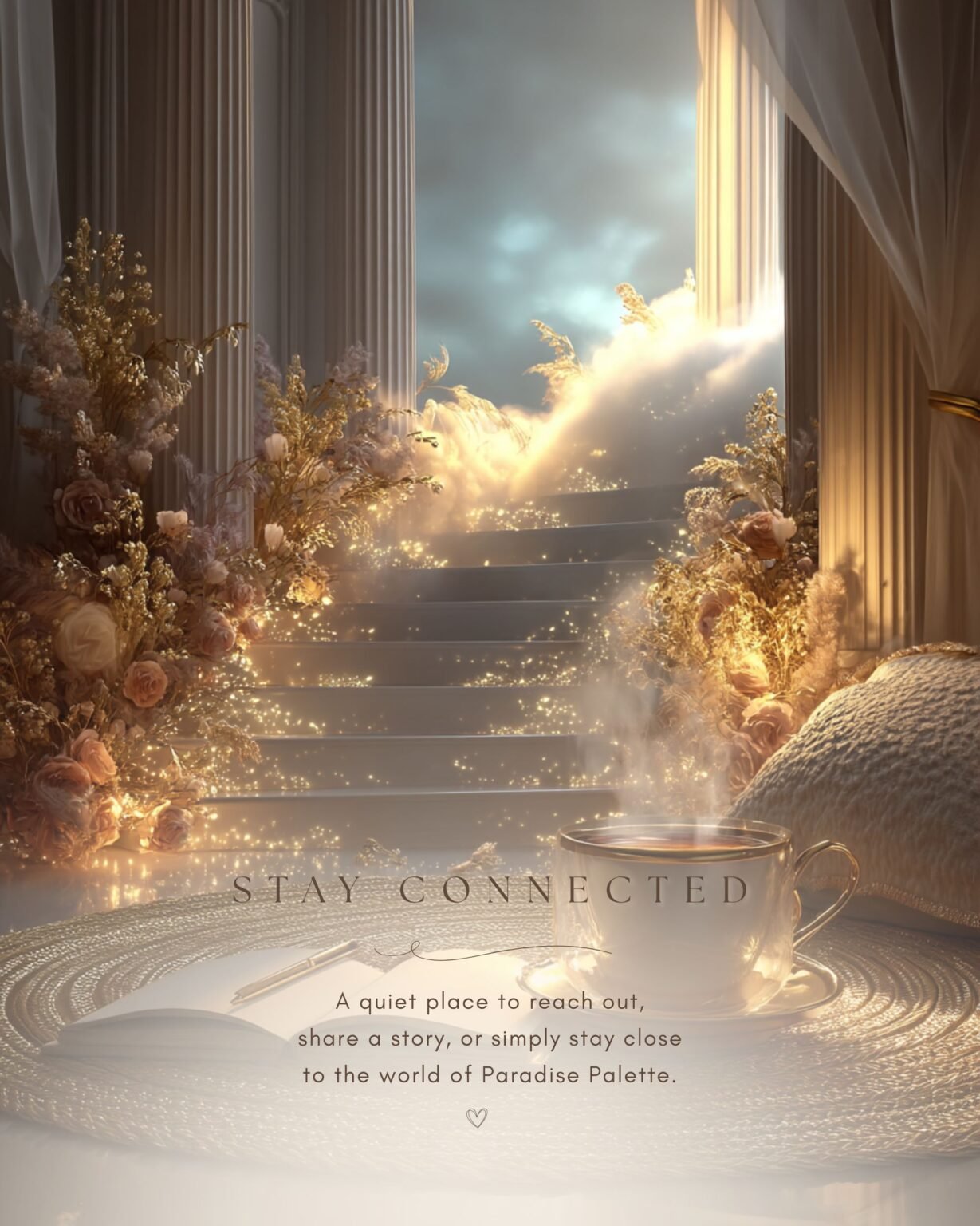 Golden heavenly staircase surrounded by glowing clouds, flowers, tea cup, notebook and soft cushions for the Stay Connected page of Paradise Palette.