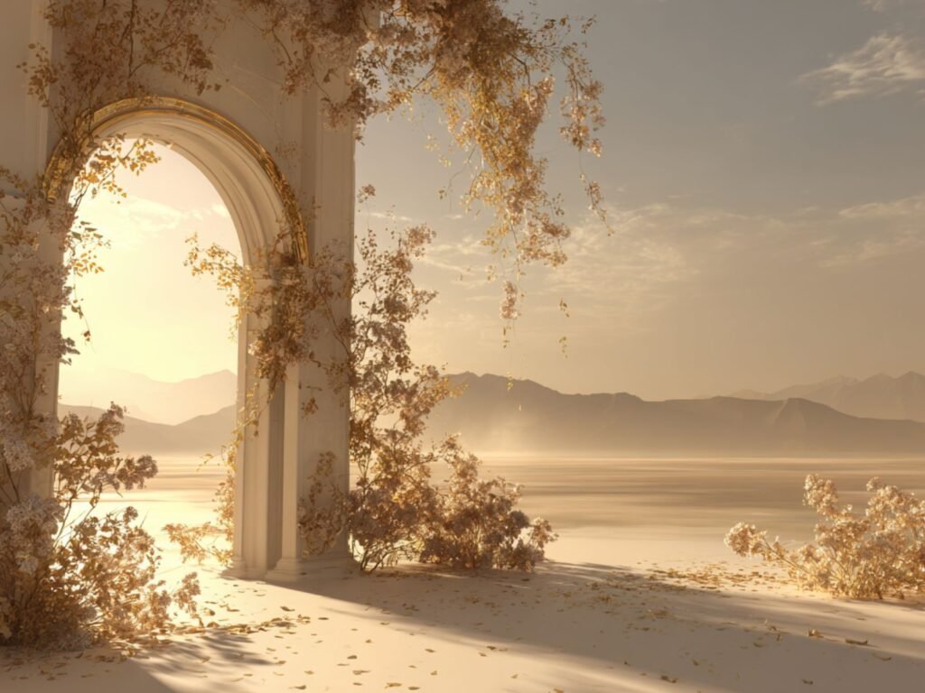 Minimal sacred archway surrounded by warm ivory foliage and soft golden light overlooking a tranquil contemplative landscape.