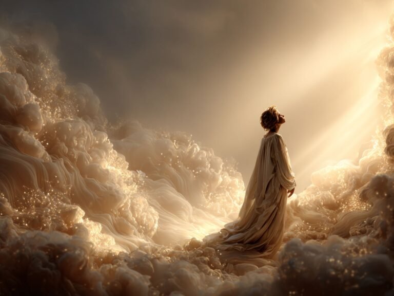 A contemplative golden atmosphere surrounding a woman in divine light and peaceful heavenly flow.