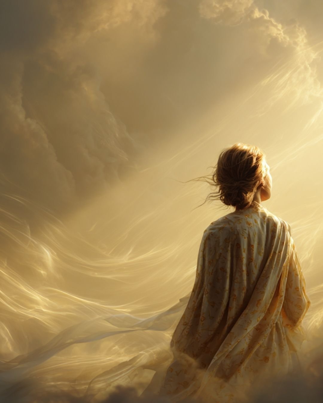 A contemplative figure surrounded by luminous clouds and golden heavenly light, symbolizing the inner atmosphere shaping the reality around us.