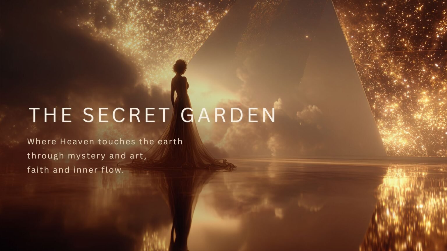 Dreamlike paradise-inspired illustration titled “THE SECRET GARDEN,” symbolizing Heaven touching the earth through mystery, art, faith, and inner flow within a contemplative spiritual atmosphere.