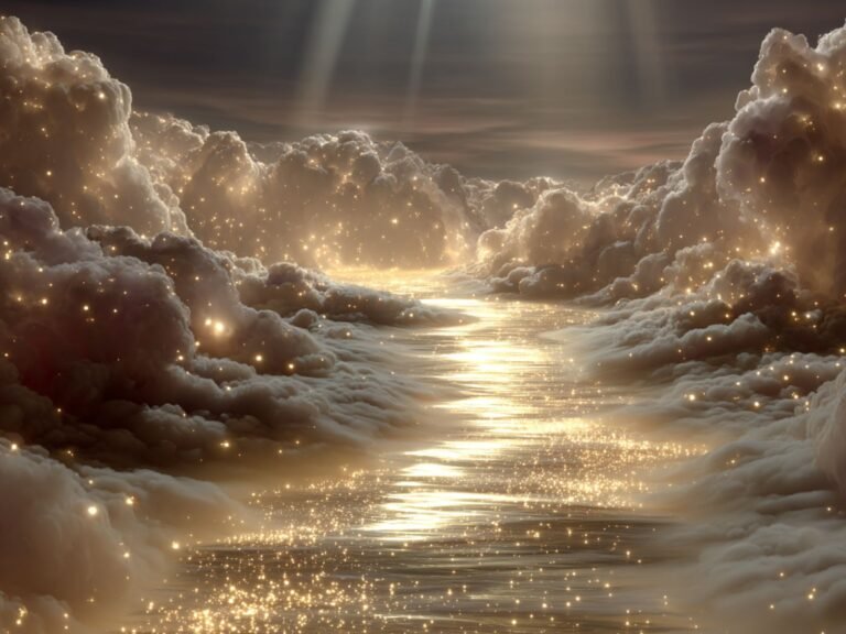 Golden heavenly river of light flowing through luminous clouds, symbolizing thoughts rooted in Truth and the flow of Heaven.