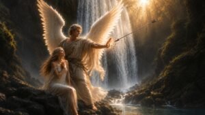 A mighty angel standing between a woman and an incoming arrow beside a waterfall, symbolizing God's protection, grace, mercy, and the reality of the Kingdom of Heaven.