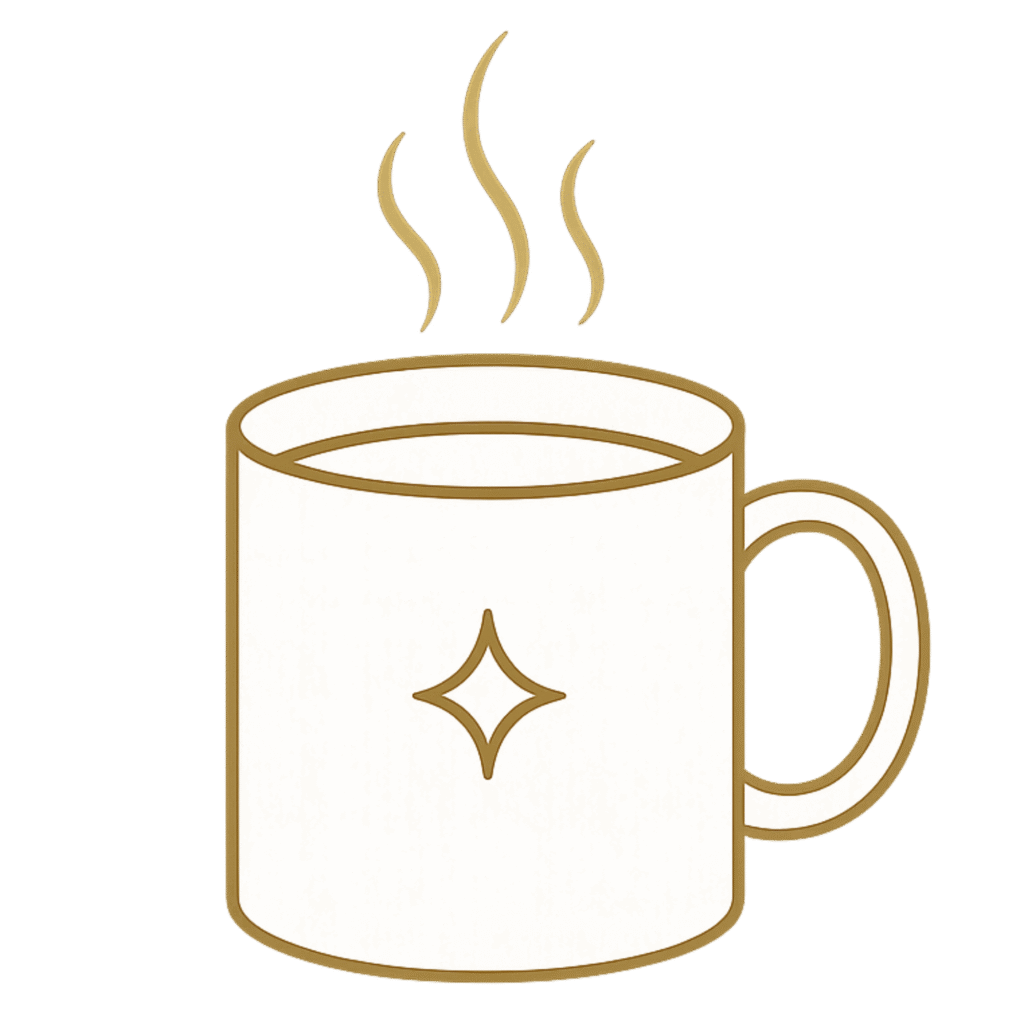 Minimalist white ceramic mug icon with gold outline, steam, and the Paradise Palette Living Pearl symbol.