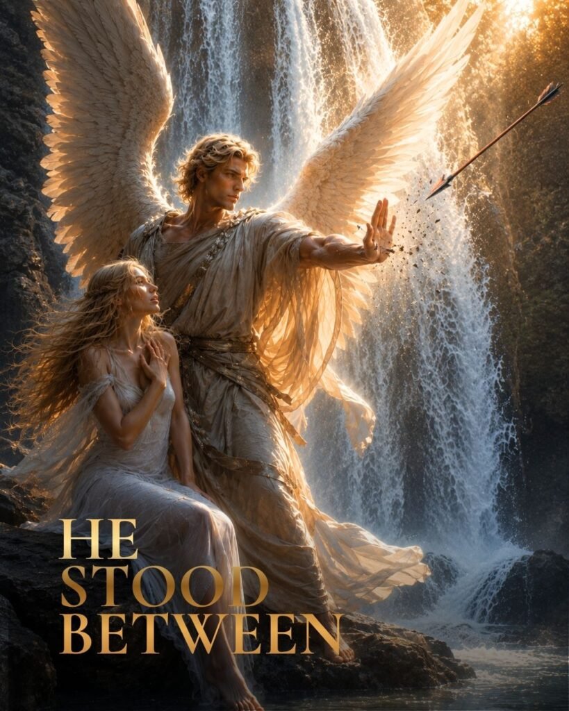 A luminous winged angel stands between a woman and an approaching arrow beside a waterfall in golden light, symbolizing divine protection and unseen grace.