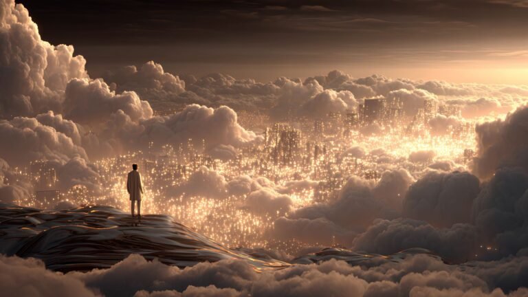 Inner freedom illustrated by a solitary figure overlooking a vast luminous realm above the clouds, symbolizing an inner world guarded in the presence of God.