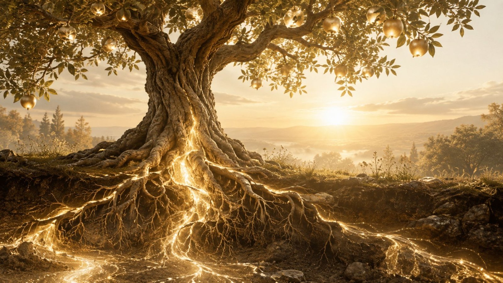 Fruit tree with deep roots illuminated by golden light, symbolizing the spiritual principle “The Source Determines the Flavor of the Fruit.”