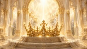 Golden crown beneath radiant heavenly arches representing what God has already given His children as their Kingdom inheritance.