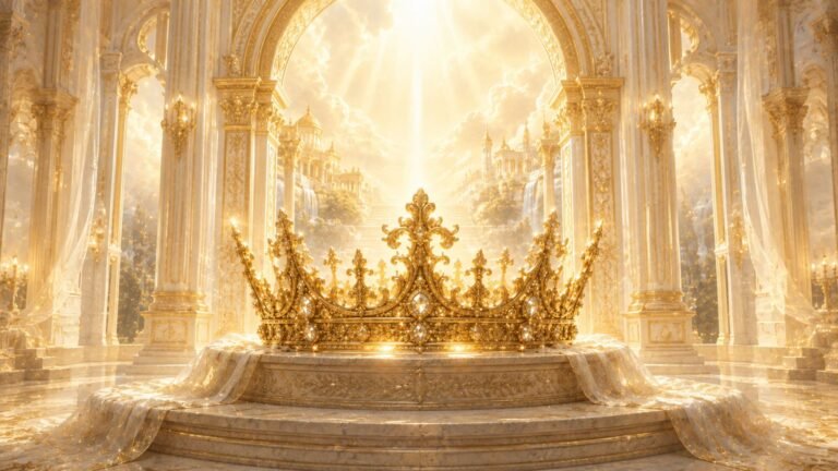 Golden crown beneath radiant heavenly arches representing what God has already given His children as their Kingdom inheritance.