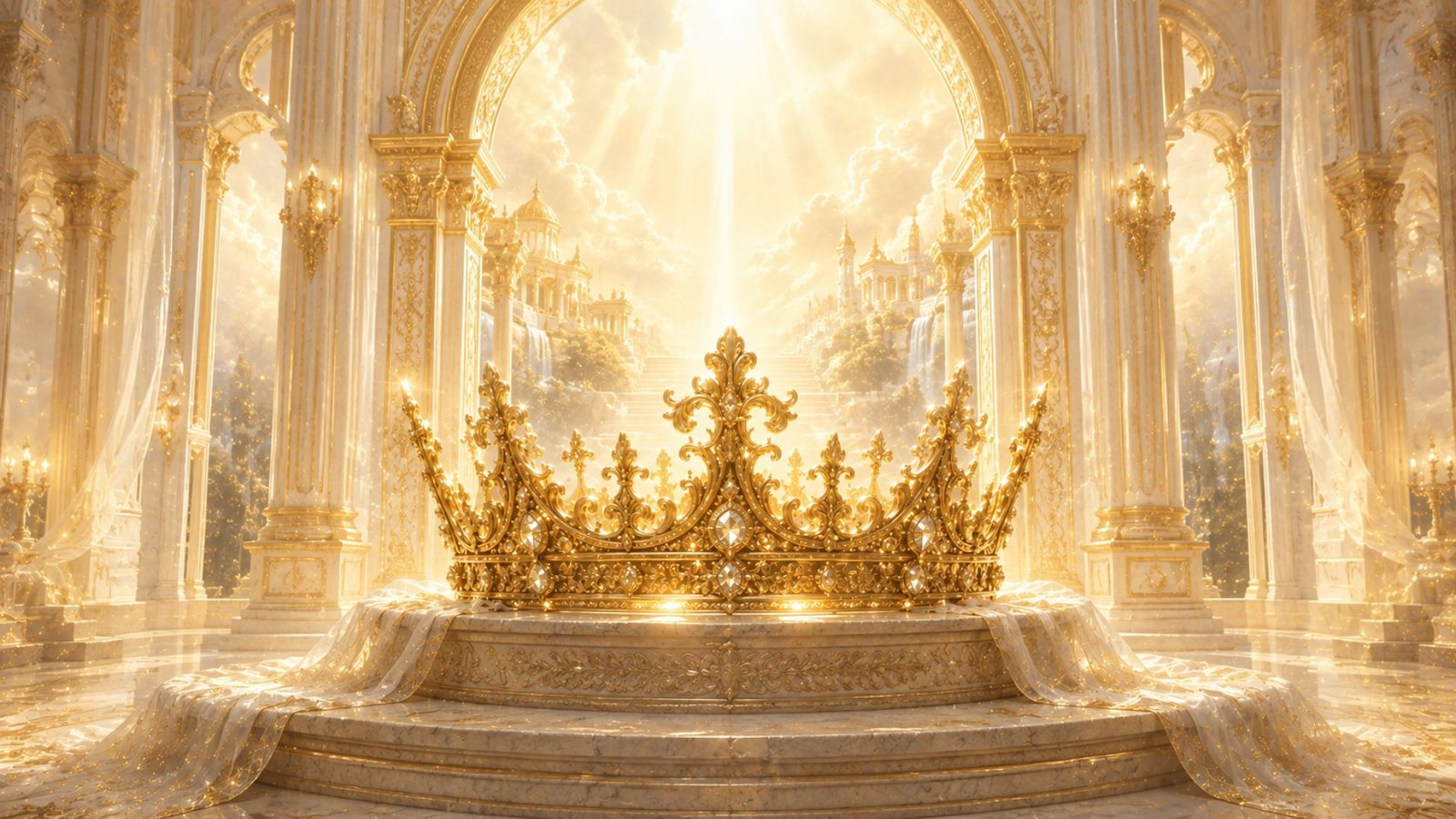 Golden crown beneath radiant heavenly arches representing what God has already given His children as their Kingdom inheritance.