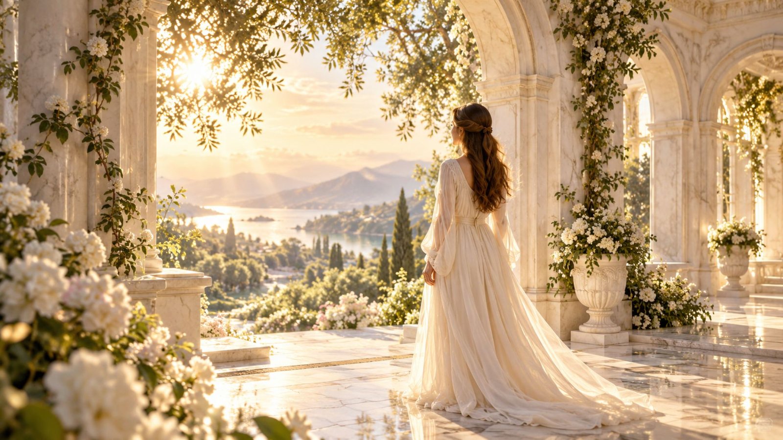 My Being Begins in You — a woman in a flowing ivory dress stands beneath marble arches overlooking a luminous heavenly garden, reflecting belonging, divine presence, and her identity in the Father.